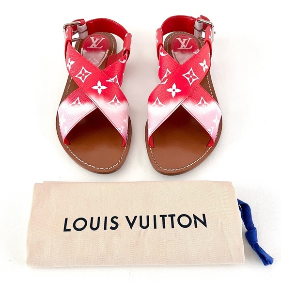 LOUIS VUITTON || Escale Palma Red Pink Ombré LV Monogram Logo Sandals EU 37.5 - Picture 1 of 13